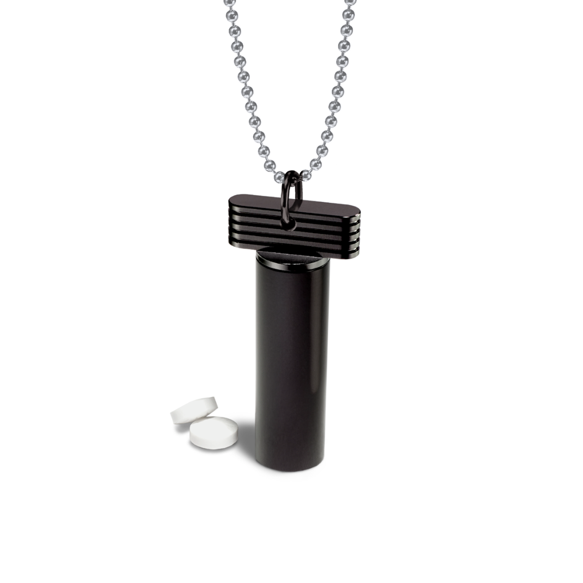 A Cielo Pill Holder on a stainless steel ball chain