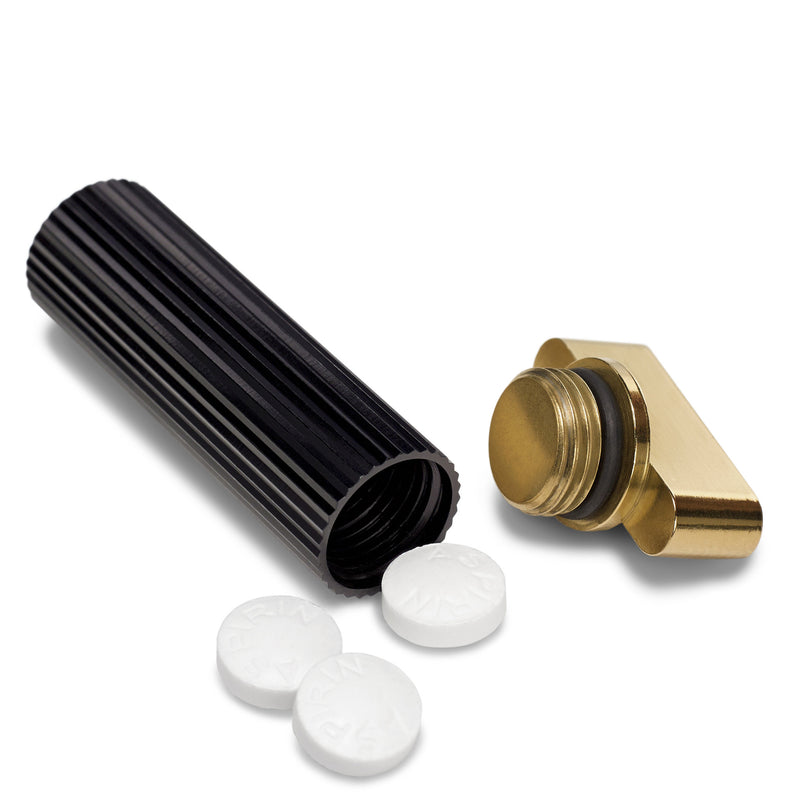 Black & Gold Keychain Pill Holder – black and gold pill holder keychain, machined in the USA, carried on a keychain