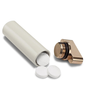 French Gold & Pale Grey Keychain Pill Holder – French gold pill holder keychain, machined in the USA (view 2)