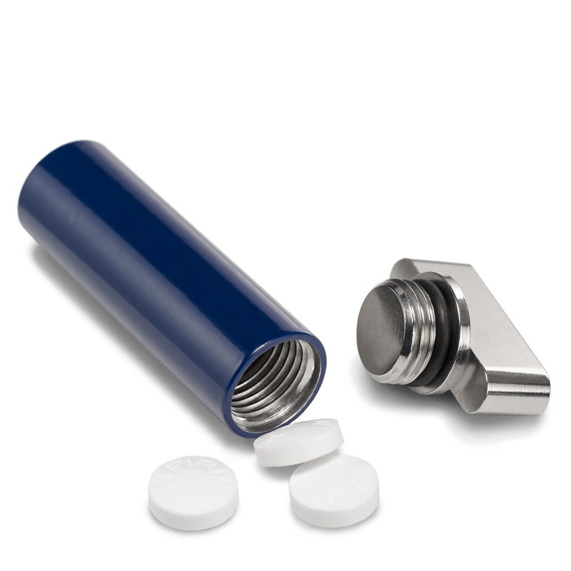 Navy & Stainless Steel Keychain Pill Holder – navy pill holder keychain, machined in the USA, carried on a keychain