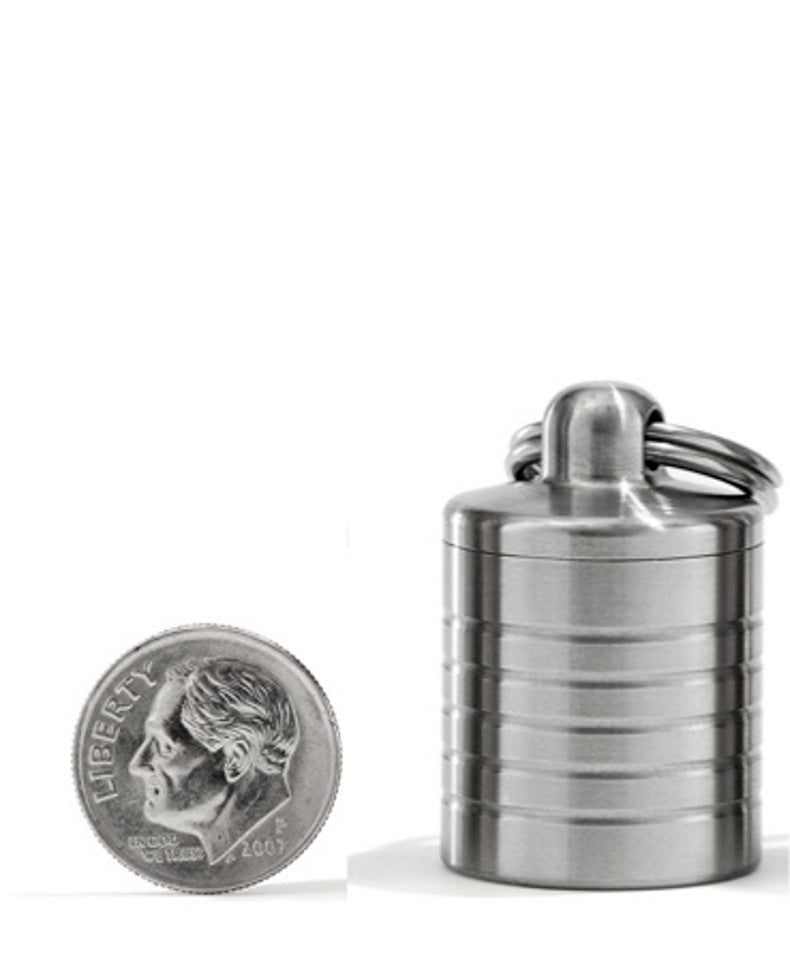 Compact Wide Single Chamber Keychain Pill Holder – wide keychain pill holder, machined in the USA, carried on a keychain
