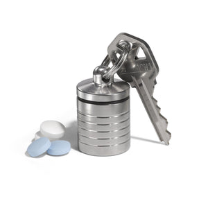 Compact Wide Single Chamber Keychain Pill Holder – wide keychain pill holder, machined in the USA (view 1)