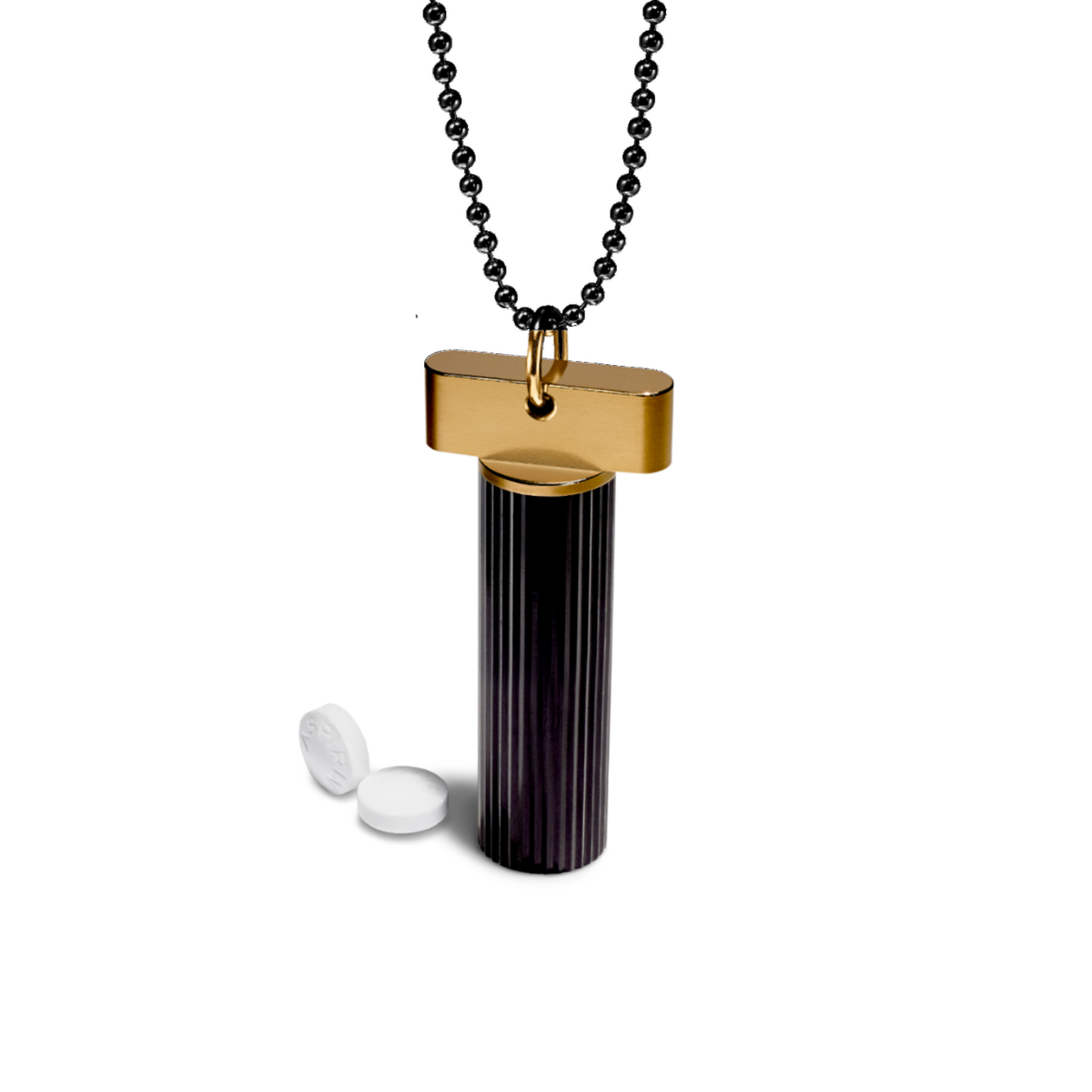 A Black and Gold Cielo Pill Holder Necklace on a black chain
