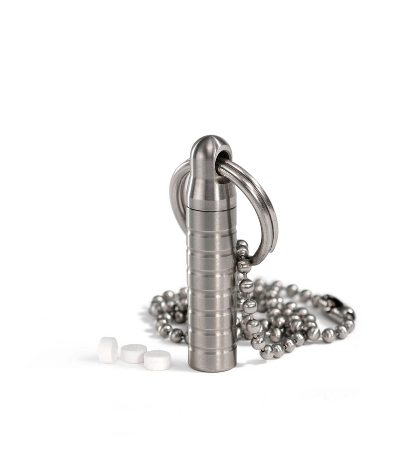 Nitro Pill Holder Necklace &ndash; nitroglycerin pill holder necklace, machined in the USA, carried on a keychain