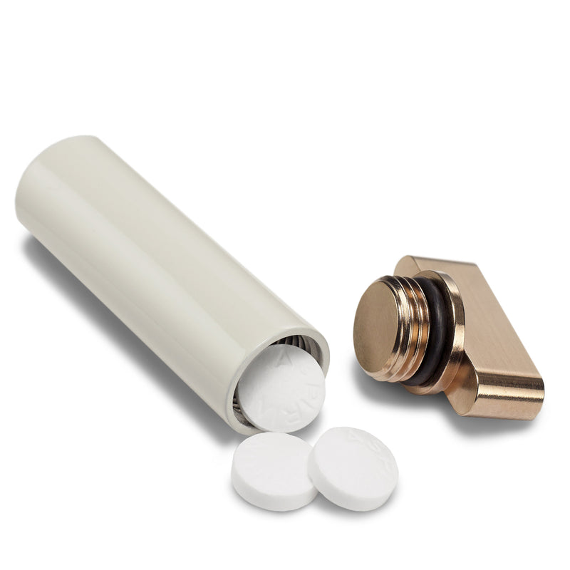 French Gold & Pale Grey Keychain Pill Holder &ndash; French gold pill holder keychain, machined in the USA, carried on a keychain